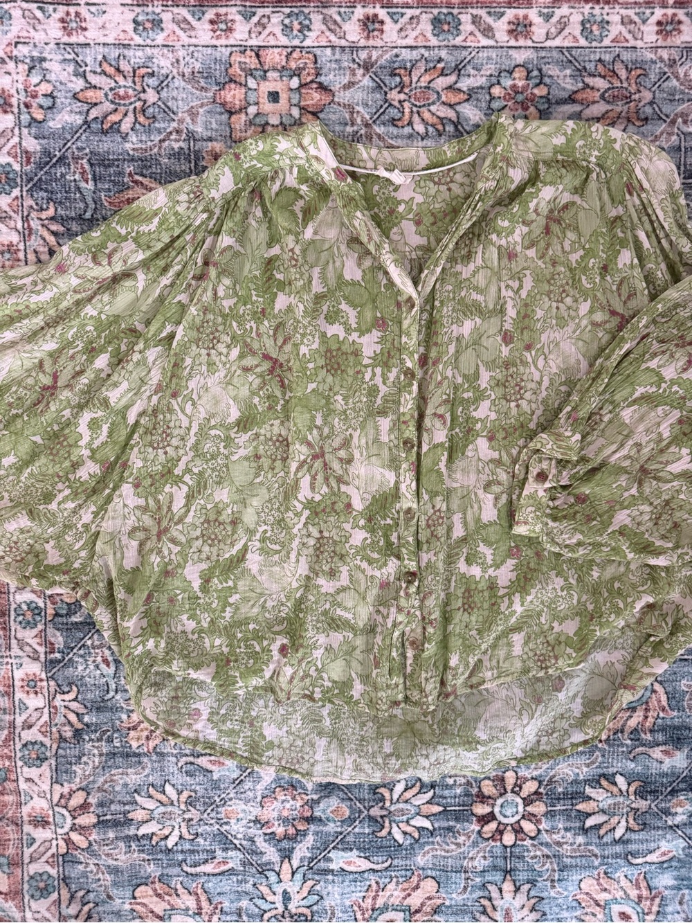 Pilcro Green Floral Button-Front Blouse with Billowy Sleeves